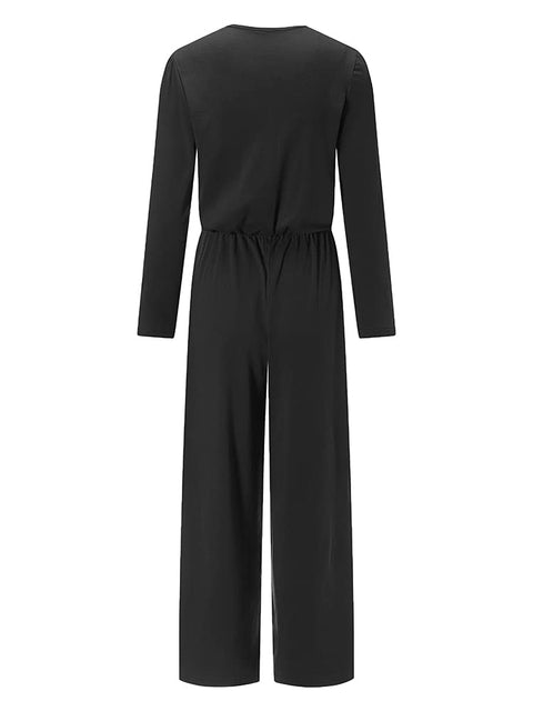 TTFN WOMEN'S LONG SLEEVE JUMPSUIT WITH HENLEY NECKLINE AND FLARED WIDE LEG